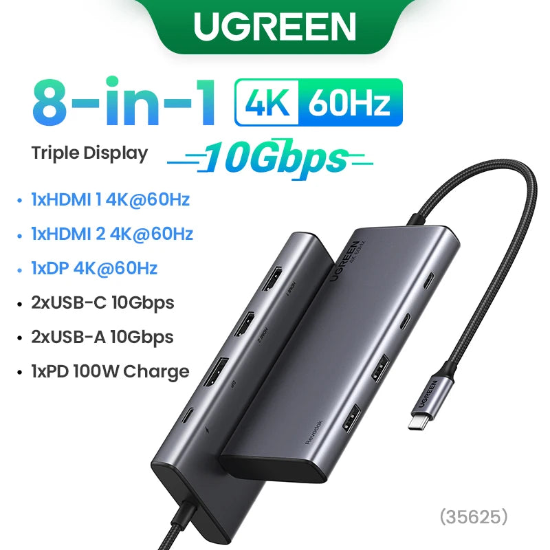 UGREEN Triple Display USB C HUB 10Gbps 4K HDMI Adapter 8-in-1 Splitter with HDMI DP USB3.2 PD 100W Dock for MacBook Pro Air PC