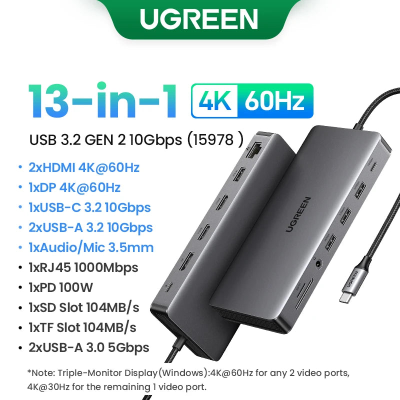UGREEN Triple Display USB C HUB 10Gbps 4K HDMI Adapter 8-in-1 Splitter with HDMI DP USB3.2 PD 100W Dock for MacBook Pro Air PC