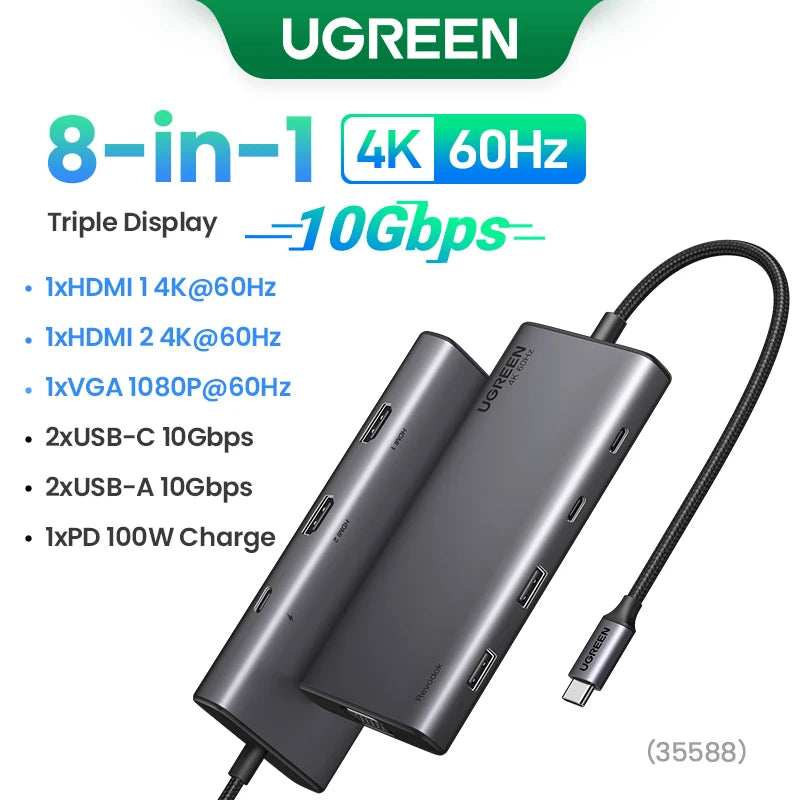 UGREEN Triple Display USB C HUB 10Gbps 4K HDMI Adapter 8-in-1 Splitter with HDMI DP USB3.2 PD 100W Dock for MacBook Pro Air PC