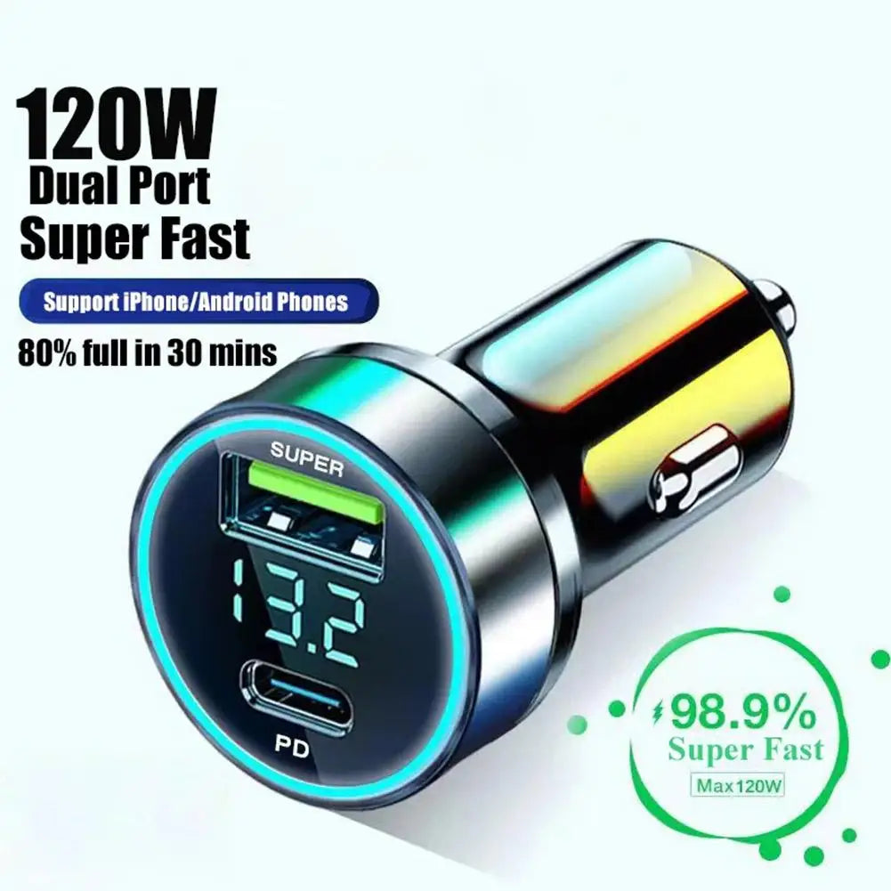 Quick Car Charger 12-24V Dual USB Type C 120W+PD20W For IPhone13 Pro Phone Car Fast Charging