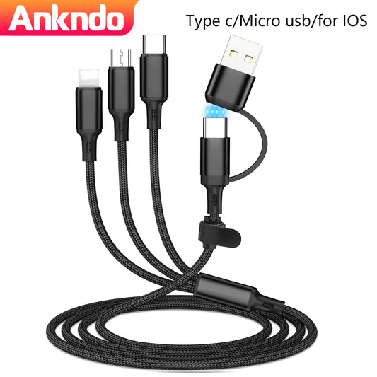 ANKNDO 3 In 1 Fast Charging Cord For Micro USB Type C Charger Cable 1.2m Multi Usb Port Multiple Usb Charging Cord